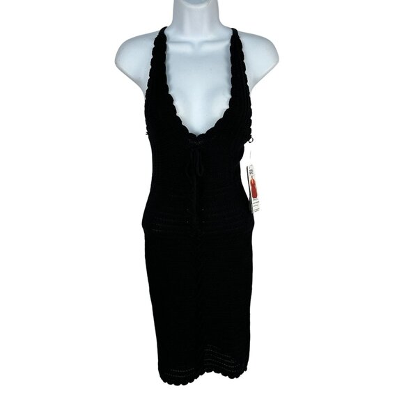 Madden NYC Lace Up Crochet Black Halter Dress XXS Adjustable Cross Back Straps - Picture 1 of 7